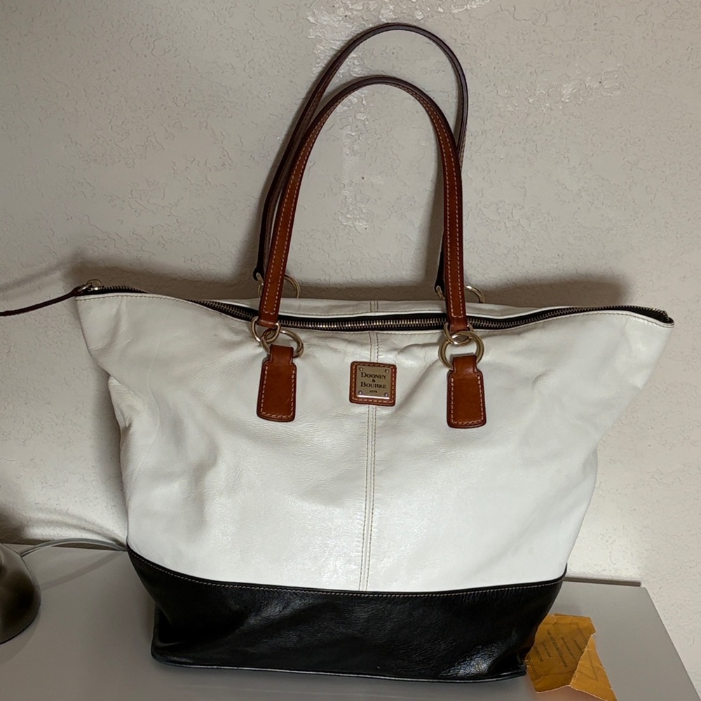 Dooney & Bourke White and Black Tote with Brown Handles